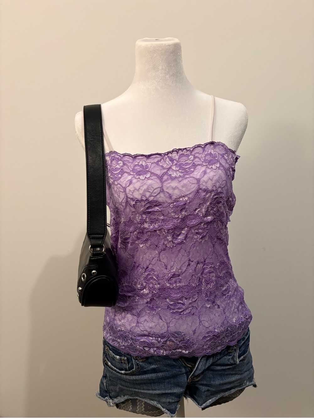 Y2K Purple Lace Cami Top Sheer Lilac Floral Stretch Tank Fairy Grunge